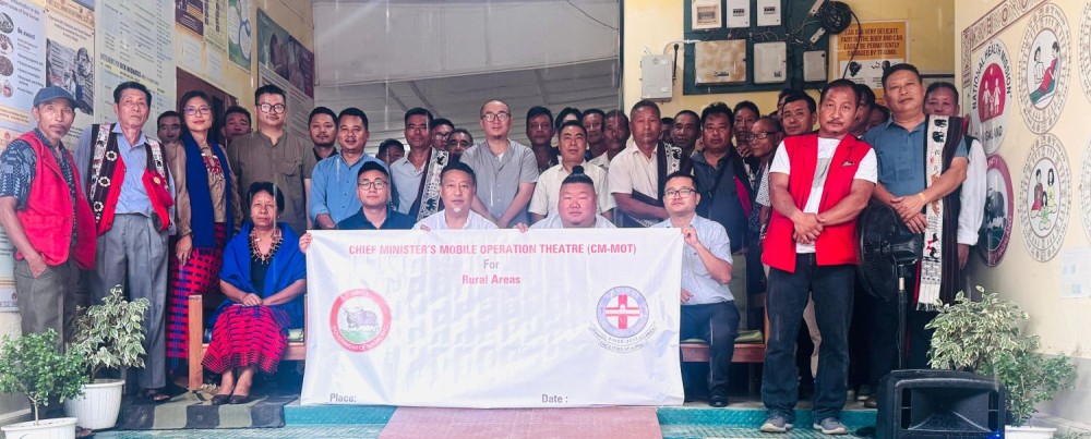 Minister Temjen Imna Along & MLA Dr Tseilhoutuo Rhütso seen with CM-MOT Team and others during the free surgical health camp at Tzurangkong PHC on June 23.